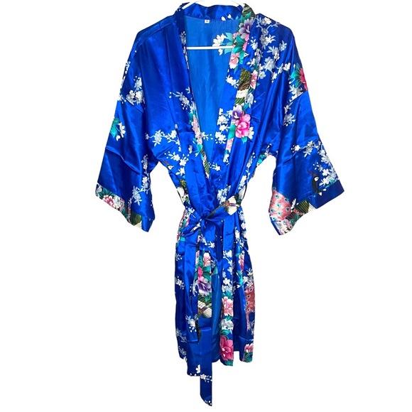Kimono floral long sleeve blue wrap around dress size XL - Picture 6 of 7
